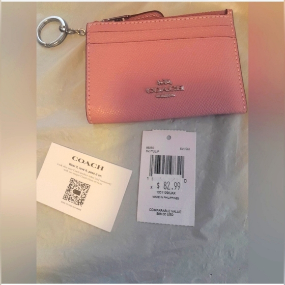 New Coach Leather ID Card Holder With Keyring In Tulip Pink New With Tags 🌸 - Picture 1 of 4